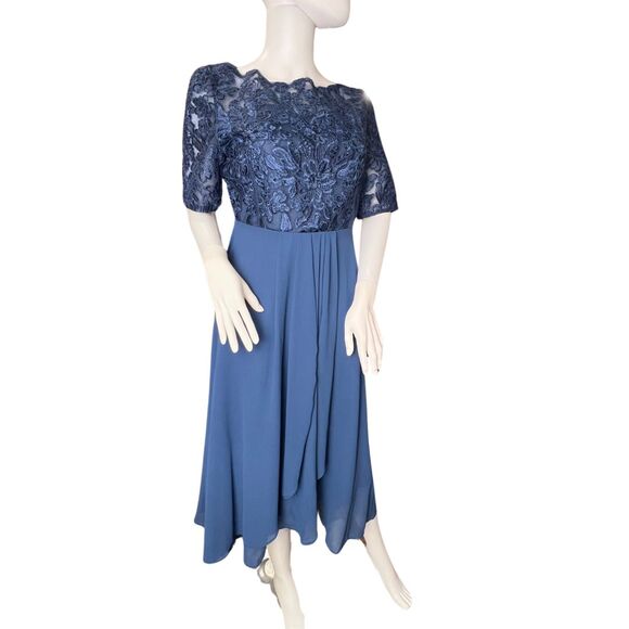 TS Conture Dress S Navy Blue Tea Length Embroidered Lace Bodice Chiffon Skirt - Picture 5 of 14
